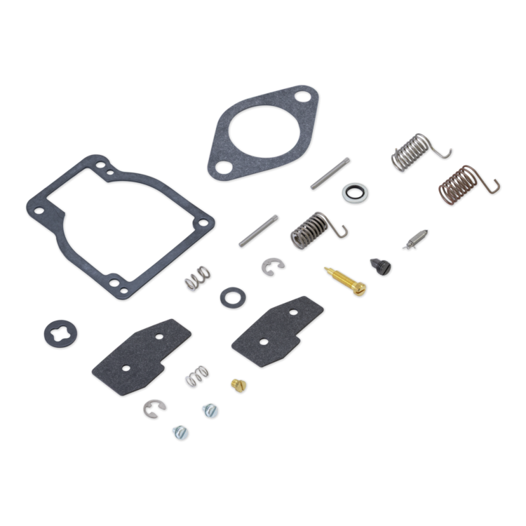 Mechanical parts including gaskets and springs on a white background