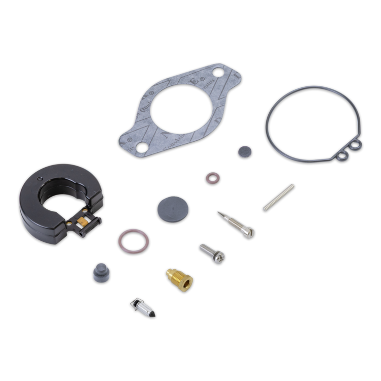 A set of small mechanical parts and gaskets arranged on a plain white background, including a large circular metal gasket, a black ring-shaped component, several screws, washers, O-rings, and a brass fitting.
