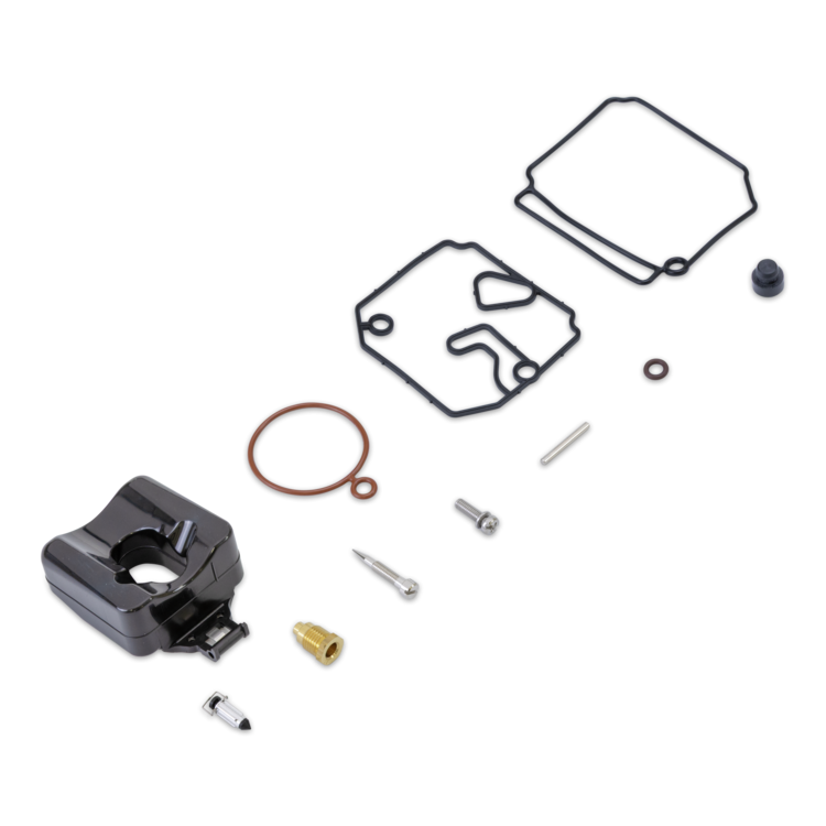 A flat lay of a small engine gasket and hardware kit on a solid white background, including a black plastic tank base, black gaskets, a brown rubber O-ring, silver screws and pins, and brass fittings.