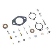 A set of small mechanical hardware and gaskets laid out on a white background, including gaskets, springs, washers, screws, pins, and metal fittings.
