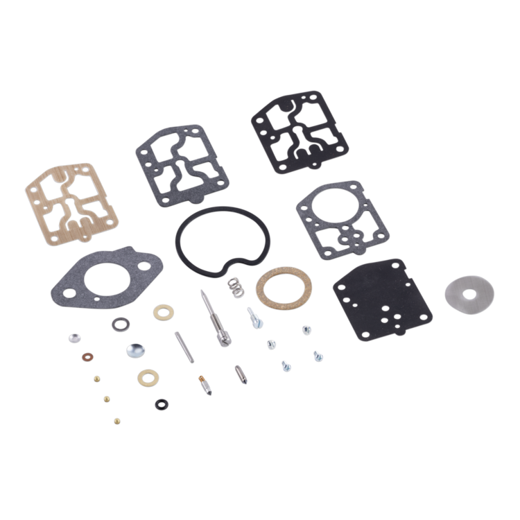 A complete carburetor gasket and seal kit laid out on a white background, including various black and beige gaskets, O-rings, washers, springs, and metal pins.