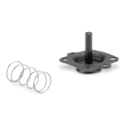 A small mechanical assembly on a white background, featuring a black cast-metal flange with a central post and a separate silver coil spring.