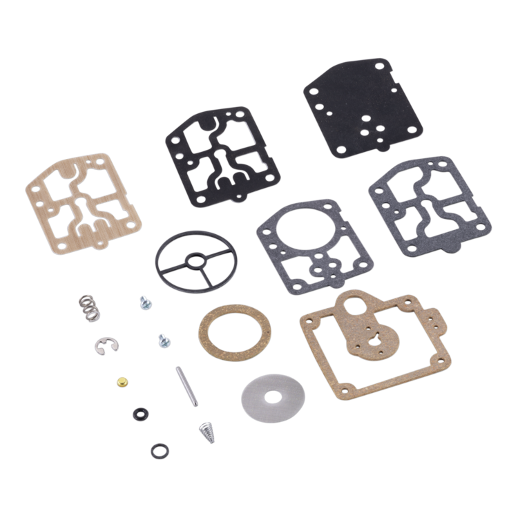 A set of engine gaskets and small hardware parts arranged on a plain white background. The kit includes several black and tan gasket sheets, circular seals, washers, springs, screws, pins, and O-rings.