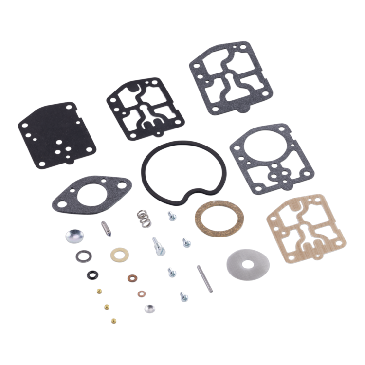 A set of engine or mechanical gaskets and small hardware parts arranged on a plain white background. The kit includes black and tan gasket sheets, rubber O-rings, washers, springs, pins, and small metal fasteners.