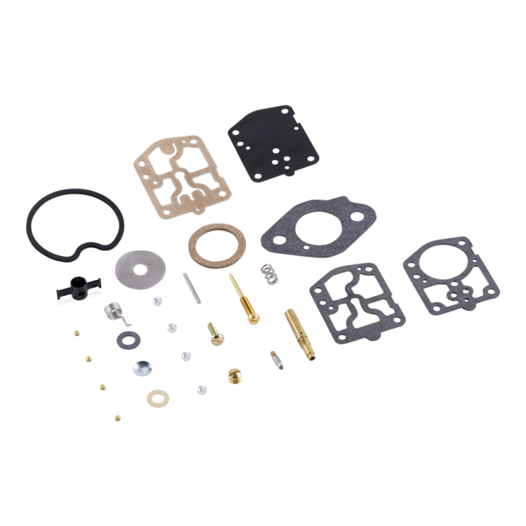 A carburetor disassembly kit with various small mechanical parts, gaskets, seals, and screws neatly arranged on a solid white background.