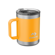 Orange insulated Dometic mug with silver handle and lid on a white background