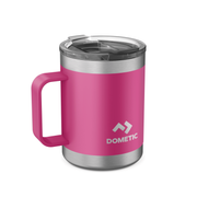 Pink insulated mug with silver lid and handle on a white background, featuring Dometic logo.