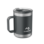 Gray insulated mug with silver handle and lid on a white background, featuring Dometic logo.