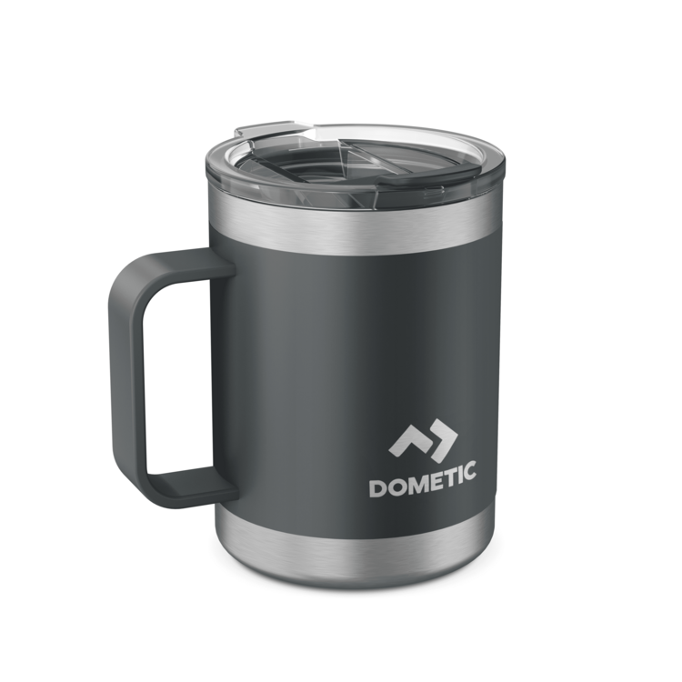 Gray insulated mug with silver handle and lid on a white background, featuring Dometic logo.