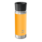 Orange tumbler with black lid on a white background