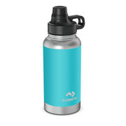 Turquoise water bottle with black lid on a white background, featuring the Dometic logo.