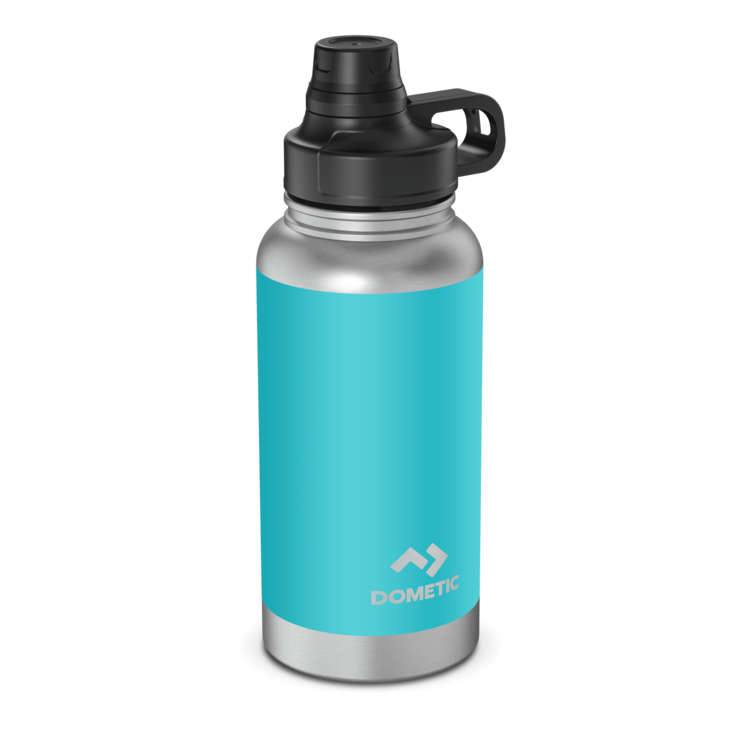 Turquoise water bottle with black lid on a white background, featuring the Dometic logo.