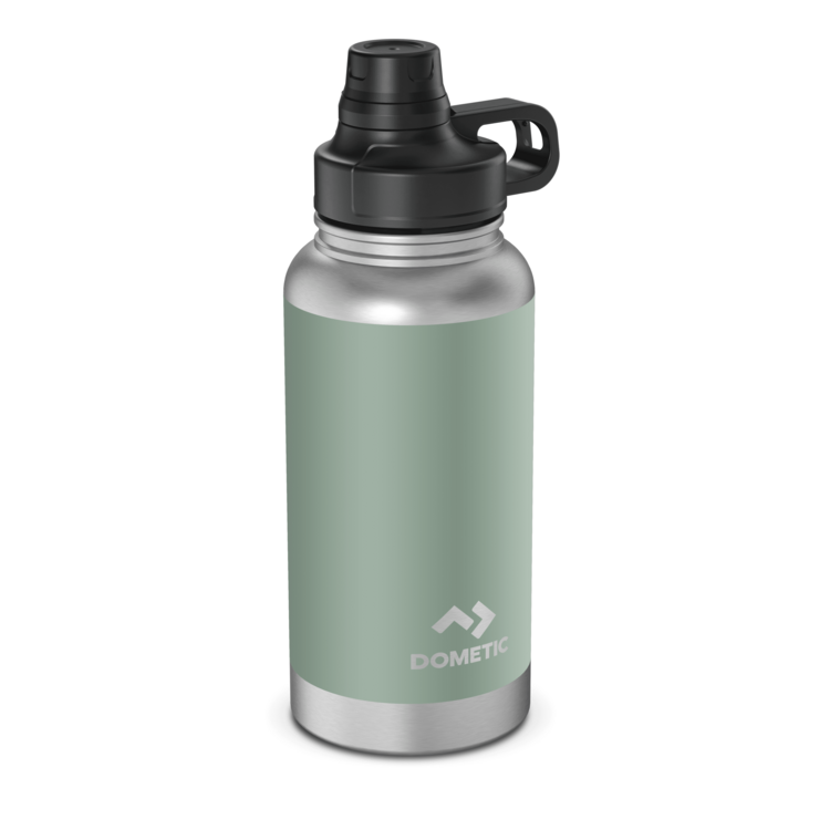 Green Dometic water bottle with black lid on a white background