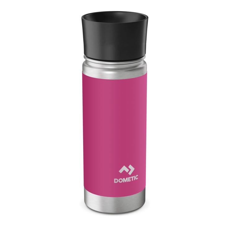 Pink tumbler with black lid on a white background, featuring the Dometic logo.