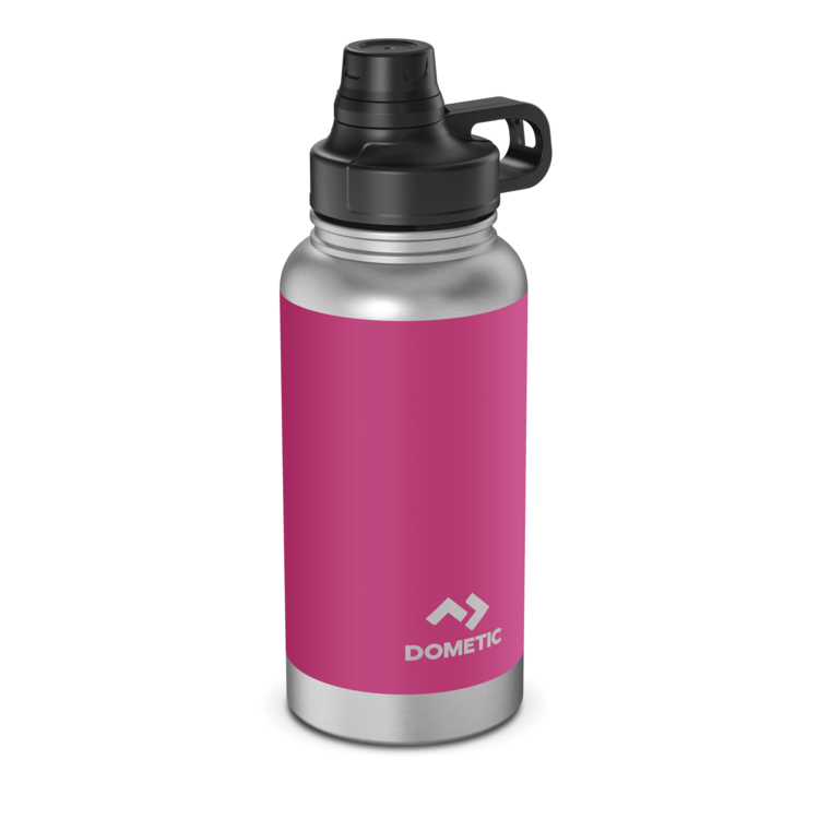 Pink water bottle with black lid on a white background, featuring the Dometic brand.