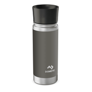 Gray insulated tumbler with black lid on a white background, featuring Dometic logo.