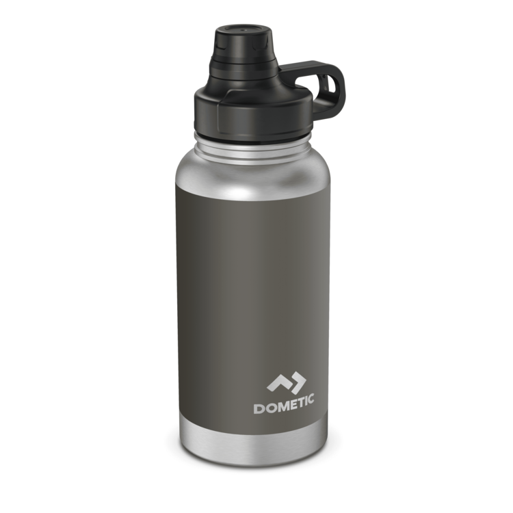 Gray insulated bottle with black lid on a white background, featuring the Dometic logo.