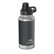 Gray insulated bottle with black lid on a white background, featuring the Dometic logo.