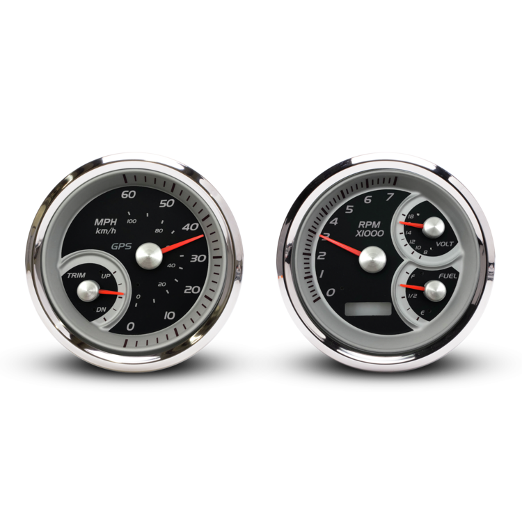 Two round instrument gauges with chrome bezels on a white background. The left gauge shows MPH and RPM with black dials and red needles, and the right gauge shows RPM with smaller sub-dials for fuel and temperature.