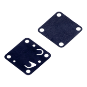 Two dark navy blue fuel pump diaphragms with rounded corners, pre-drilled mounting holes, and white printed symbols, shown on a plain white background.