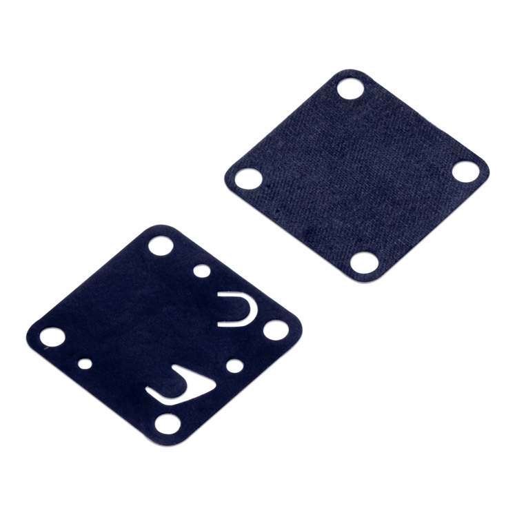 Two dark navy blue fuel pump diaphragms with rounded corners, pre-drilled mounting holes, and white printed symbols, shown on a plain white background.