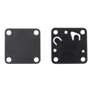 Two black square fuel pump diaphragms with rounded corners and four circular cutouts, shown on a plain white background. One gasket is plain, and the other features white printed symbols.