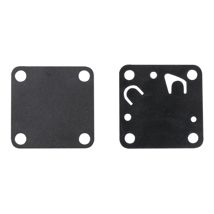 Two black square fuel pump diaphragms with rounded corners and four circular cutouts, shown on a plain white background. One gasket is plain, and the other features white printed symbols.