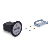 Hour meter and mounting bracket with hardware on a white background