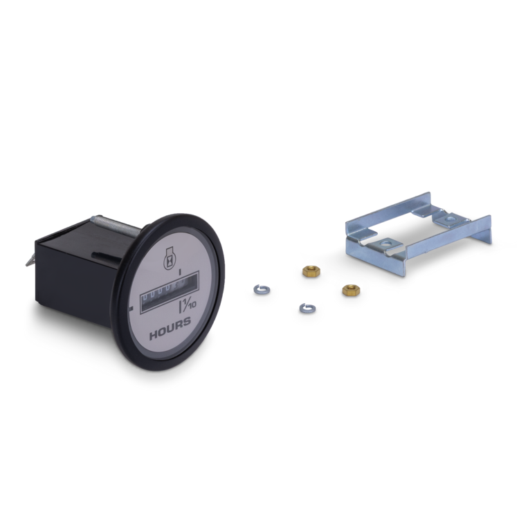Hour meter and mounting bracket with hardware on a white background