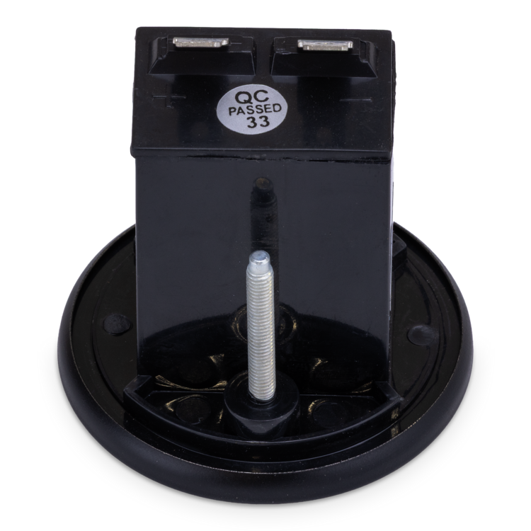 Rear view of black hour meter with 'QC Passed 33' label on a white background