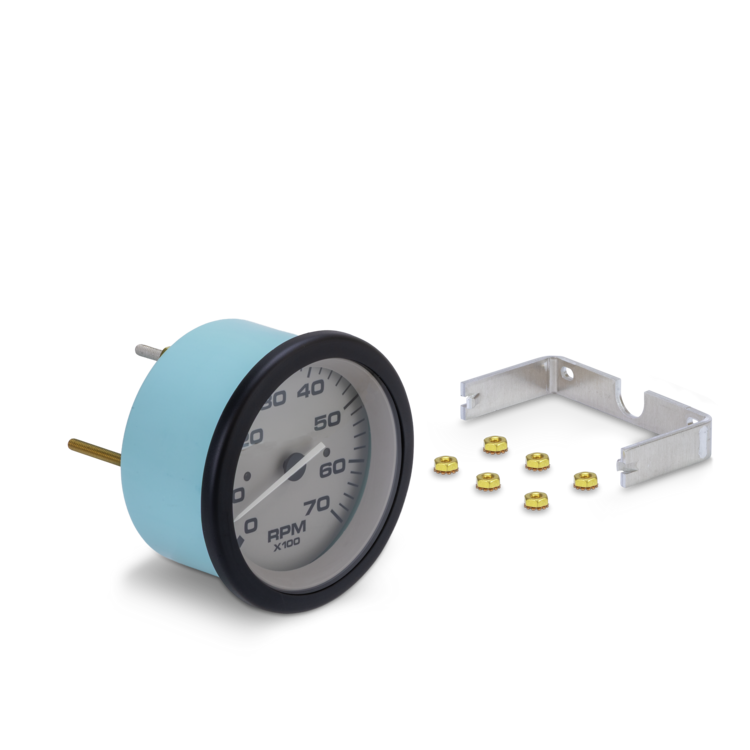 Mechanical tachometer with mounting bracket and gaskets on a white background