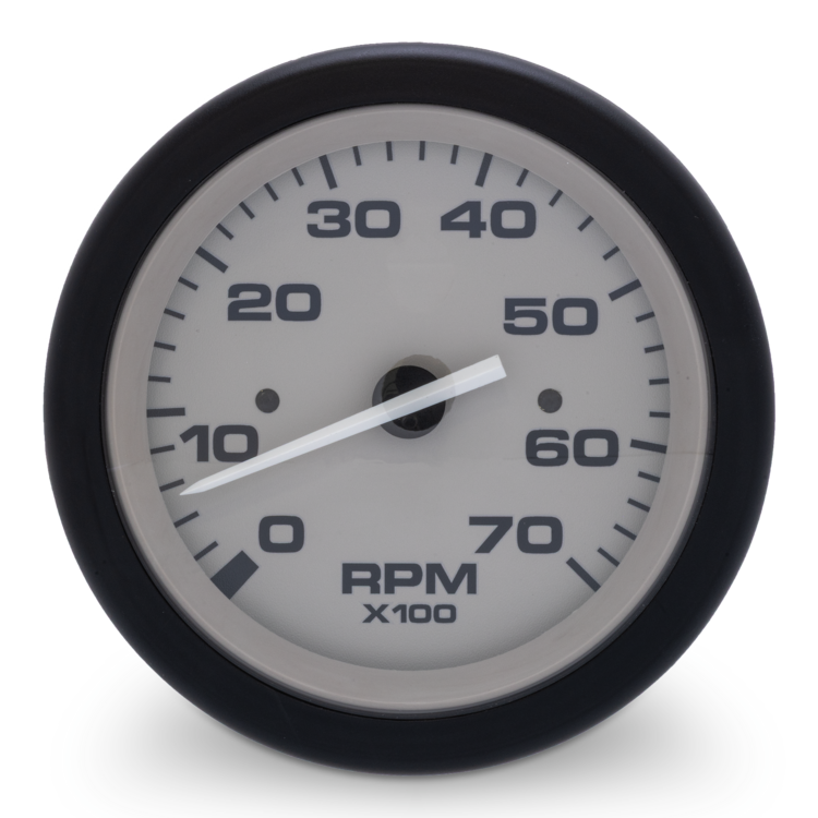 RPM gauge with black rim and white face on a white background