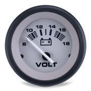 Voltmeter gauge with black rim and white face on a white background