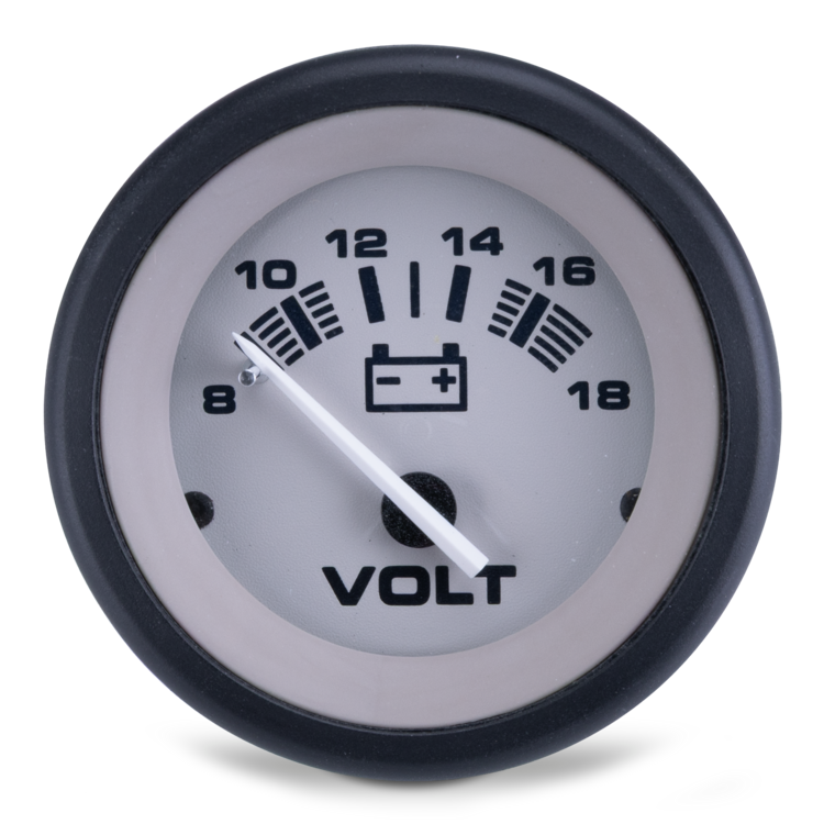 Voltmeter gauge with black rim and white face on a white background