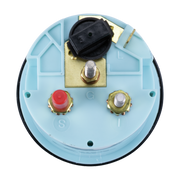 Rear view of voltmeter with a blue housing, red button, and gold contacts on a white background