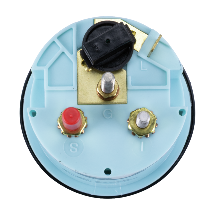 Rear view of voltmeter with a blue housing, red button, and gold contacts on a white background