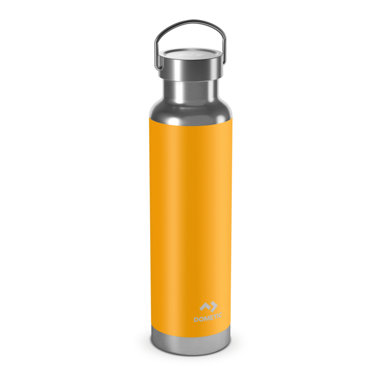 Orange Dometic water bottle with silver cap on a white background