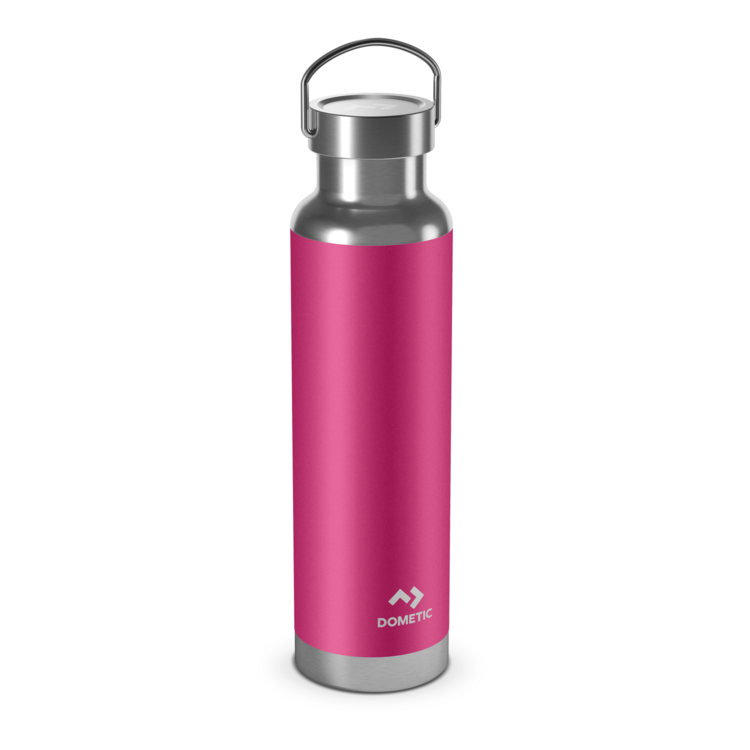 Pink insulated Dometic bottle with silver cap on a white background