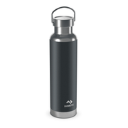 Dark gray insulated Dometic bottle with silver cap on a white background