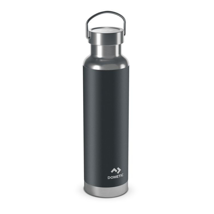 Dark gray insulated Dometic bottle with silver cap on a white background