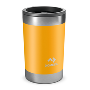 Orange insulated Dometic tumbler with silver base and lid on a white background