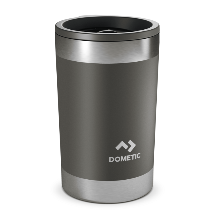 Gray insulated tumbler with Dometic logo on a white background