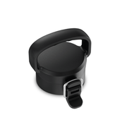 A black Dometic water bottle latching cap on a white background