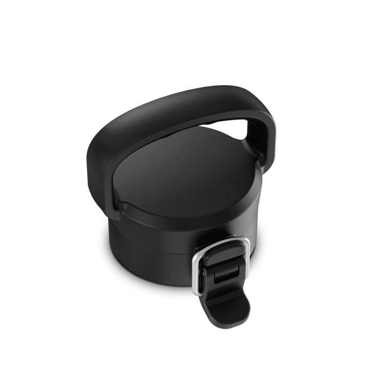 A black Dometic water bottle latching cap on a white background