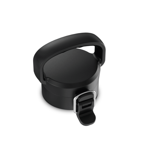 A black Dometic water bottle latching cap on a white background