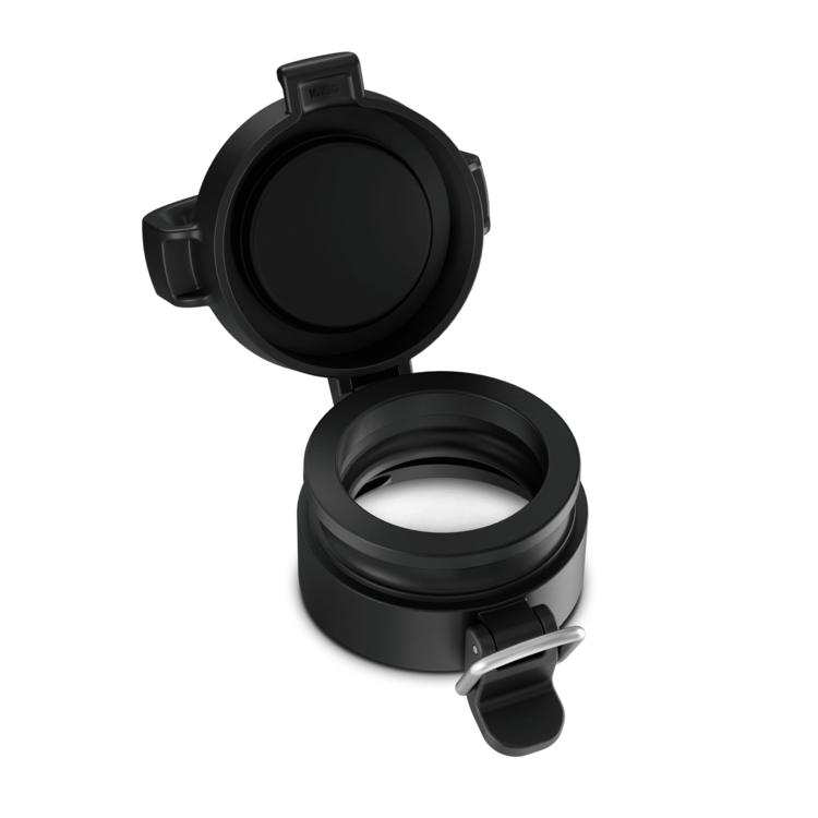 An open black Dometic water bottle lid on a white background