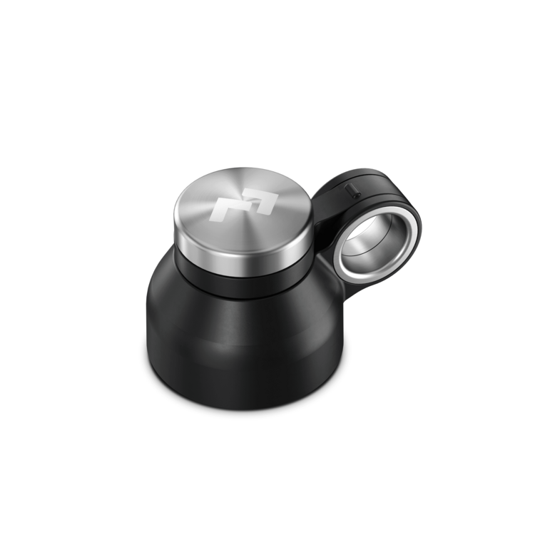 A black and silver Dometic replacement cap for a water bottle on a white background