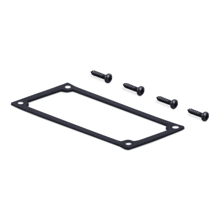 Black metal bracket with screws on a white background