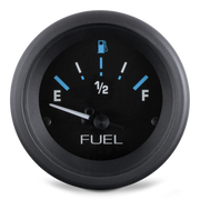 Fuel gauge with black face and blue indicators on a white background