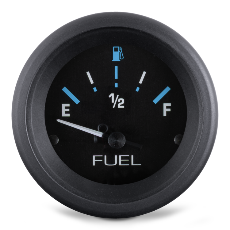Fuel gauge with black face and blue indicators on a white background
